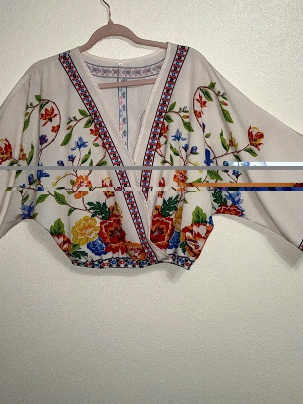 SHEIN White Floral Wrap Blouse with Multicolor Embroidered Print